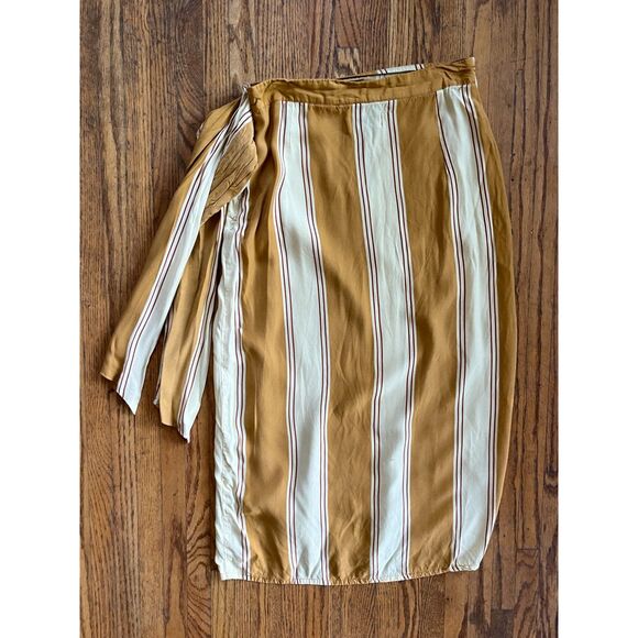 FAITHFULL THE BRAND Brown White Stripe Wrap Silk Midi Skirt   Women's Size 4 - Picture 6 of 8
